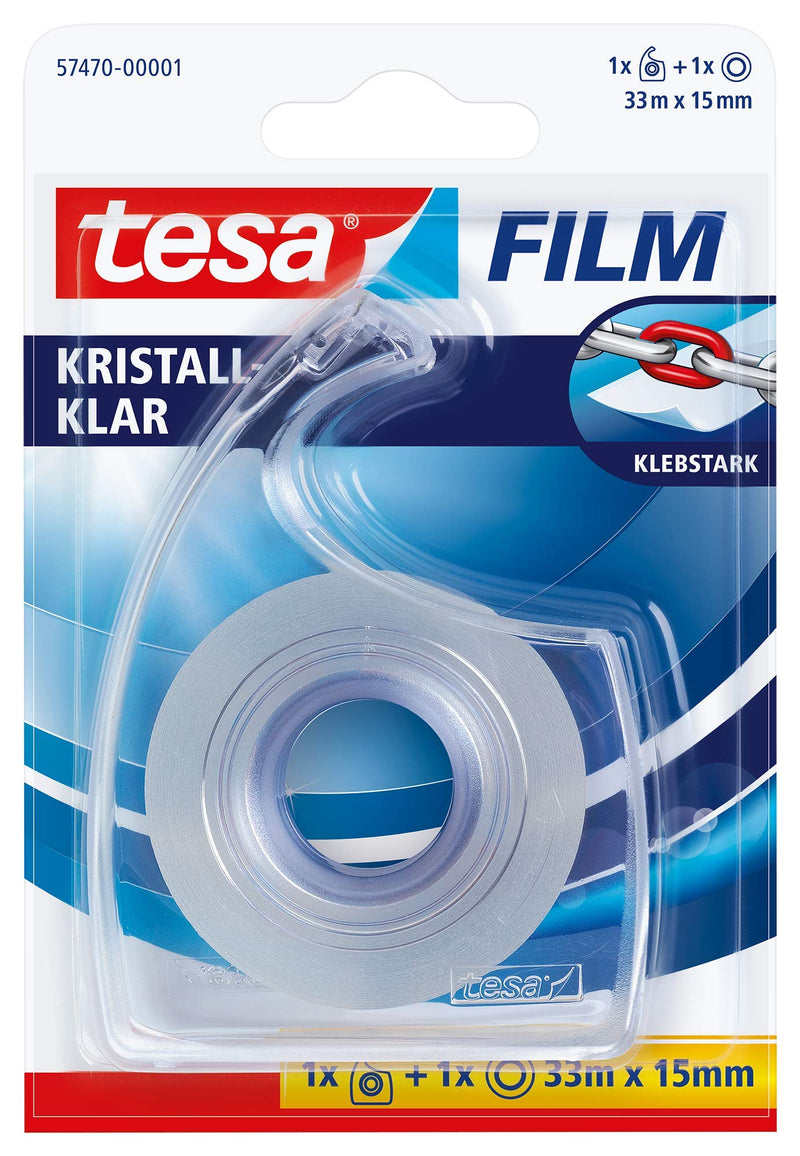 tesa Film Hand Dispenser, Transparent, Includes 1 Roll of Tesafilm Crystal Clear 33m x 15mm 1 roll + hand dispenser