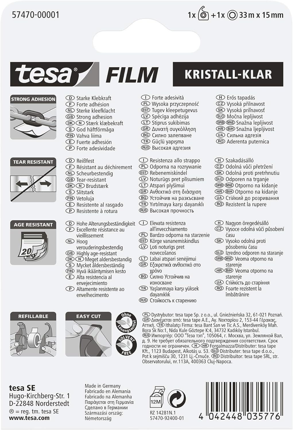 tesa Film Hand Dispenser, Transparent, Includes 1 Roll of Tesafilm Crystal Clear 33m x 15mm 1 roll + hand dispenser