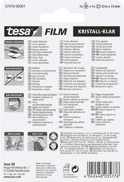 tesa Film Hand Dispenser, Transparent, Includes 1 Roll of Tesafilm Crystal Clear 33m x 15mm 1 roll + hand dispenser