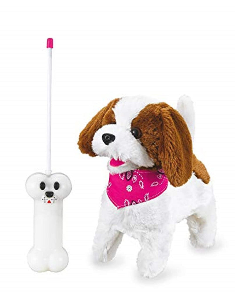 JAMARA 460340 - Lucky RC Plüschhund 27MHz - Weiches Fell, bewegt die Schnauze und Kopf, wedelt mit dem Schwanz, realistisches Hundebellen, Weiß-Braun