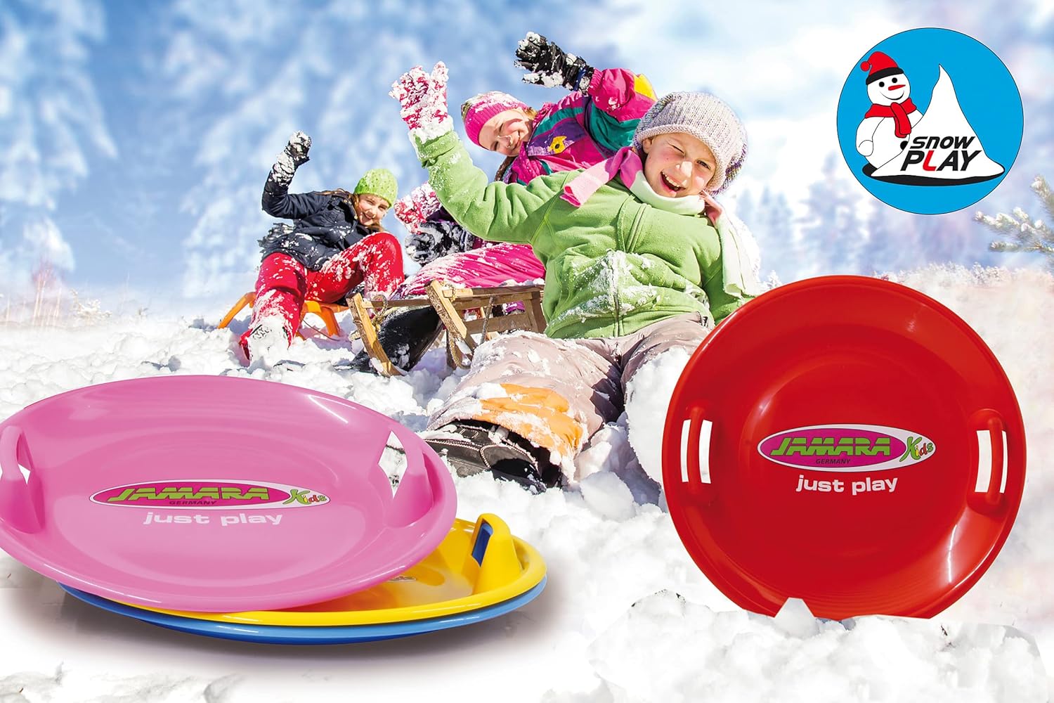 JAMARA -Snow Play Rutschteller 60cm-Haltegriffe an beiden Seiten, langlebiger, robuster Kunststoffkörper, Leichtgewicht mit nur 555 g Yellow