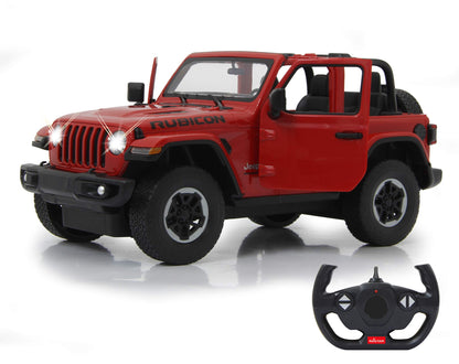 Jamara 405179 Jeep Wrangler JL 1:14 2,4GHz Tür manuell-offiziell lizenziert, bis 1 Std Fahrzeit, ca. 11 Kmh, perfekt nachgebildete Details, detaillierter Innenraum, LED Licht, rot