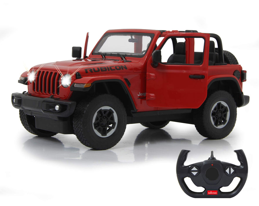 Jamara 405179 Jeep Wrangler JL 1:14 2,4GHz Tür manuell-offiziell lizenziert, bis 1 Std Fahrzeit, ca. 11 Kmh, perfekt nachgebildete Details, detaillierter Innenraum, LED Licht, rot