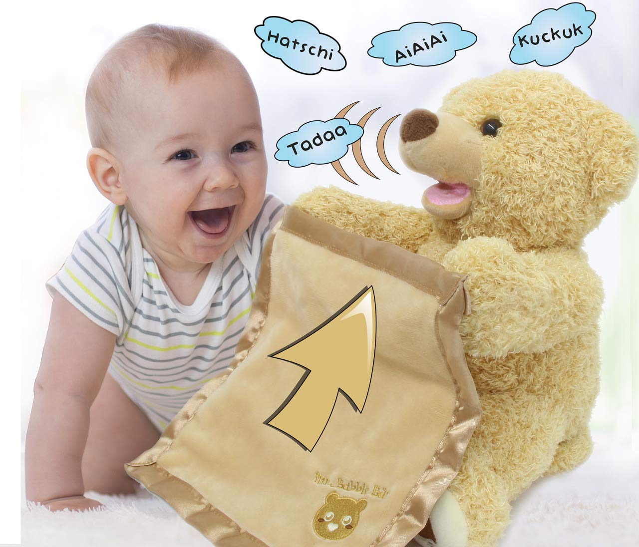 JAMARA 460480 Bear Mr Babble Raises and Lowers Arms with Blanket, Hide and Seek Play, Speaks and Moves Mouth, Fluffy Blanket for Pleasantly Soft Touch Sensation, Soft Fur