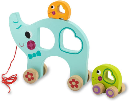 Jamara 460875 Wooden Toy - Kidiwood Pull-Out Elephant Family, 3-Piece Promotes Motor Skills, Various Slots, Partially Magnetic