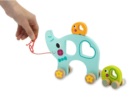Jamara 460875 Wooden Toy - Kidiwood Pull-Out Elephant Family, 3-Piece Promotes Motor Skills, Various Slots, Partially Magnetic