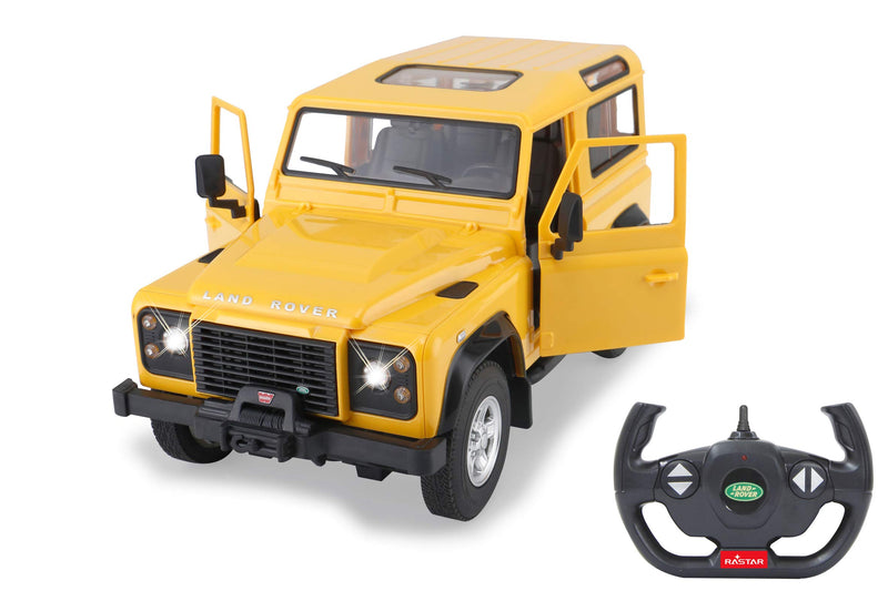 Jamara 403135 Land Rover Defender 1:14 2.4 GHz door-11 km/h, Faithful Finish, Detailed Interior, LED Driving Light, Doors can be Opened manually, Yellow