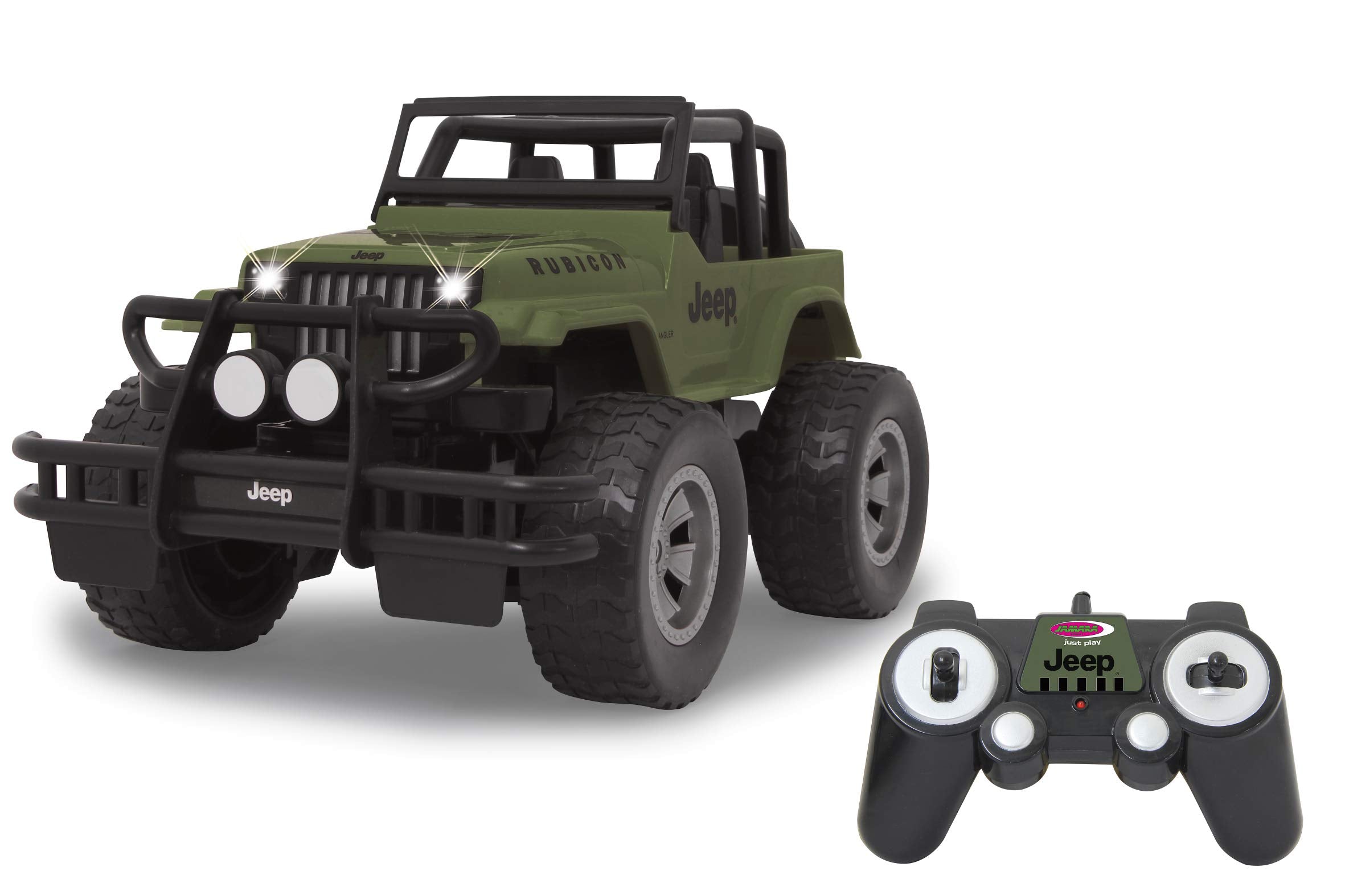 JAMARA 405054 Jeep Wrangler Rubicon 1:12 2.4 GHz-9 km/h, Light/Rear Grippy profiled Off-Road Tyres, Front Rail ensures a Bulky Appearance, Adjustable Track, Olive Green