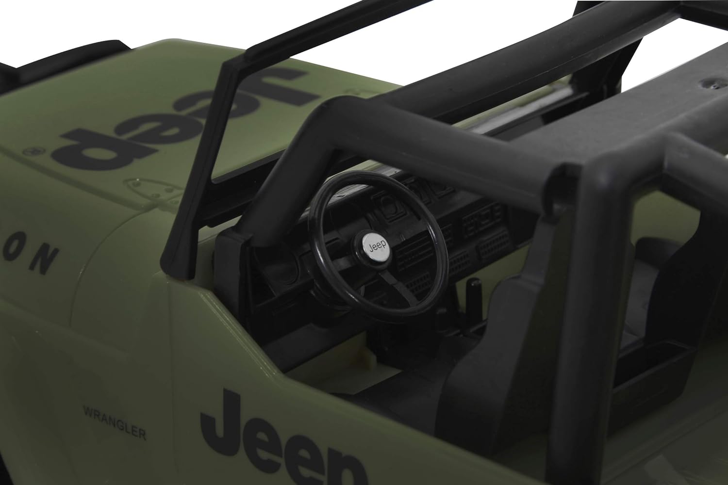 JAMARA 405054 Jeep Wrangler Rubicon 1:12 2.4 GHz-9 km/h, Light/Rear Grippy profiled Off-Road Tyres, Front Rail ensures a Bulky Appearance, Adjustable Track, Olive Green