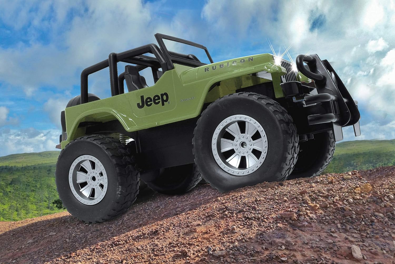 JAMARA 405054 Jeep Wrangler Rubicon 1:12 2.4 GHz-9 km/h, Light/Rear Grippy profiled Off-Road Tyres, Front Rail ensures a Bulky Appearance, Adjustable Track, Olive Green