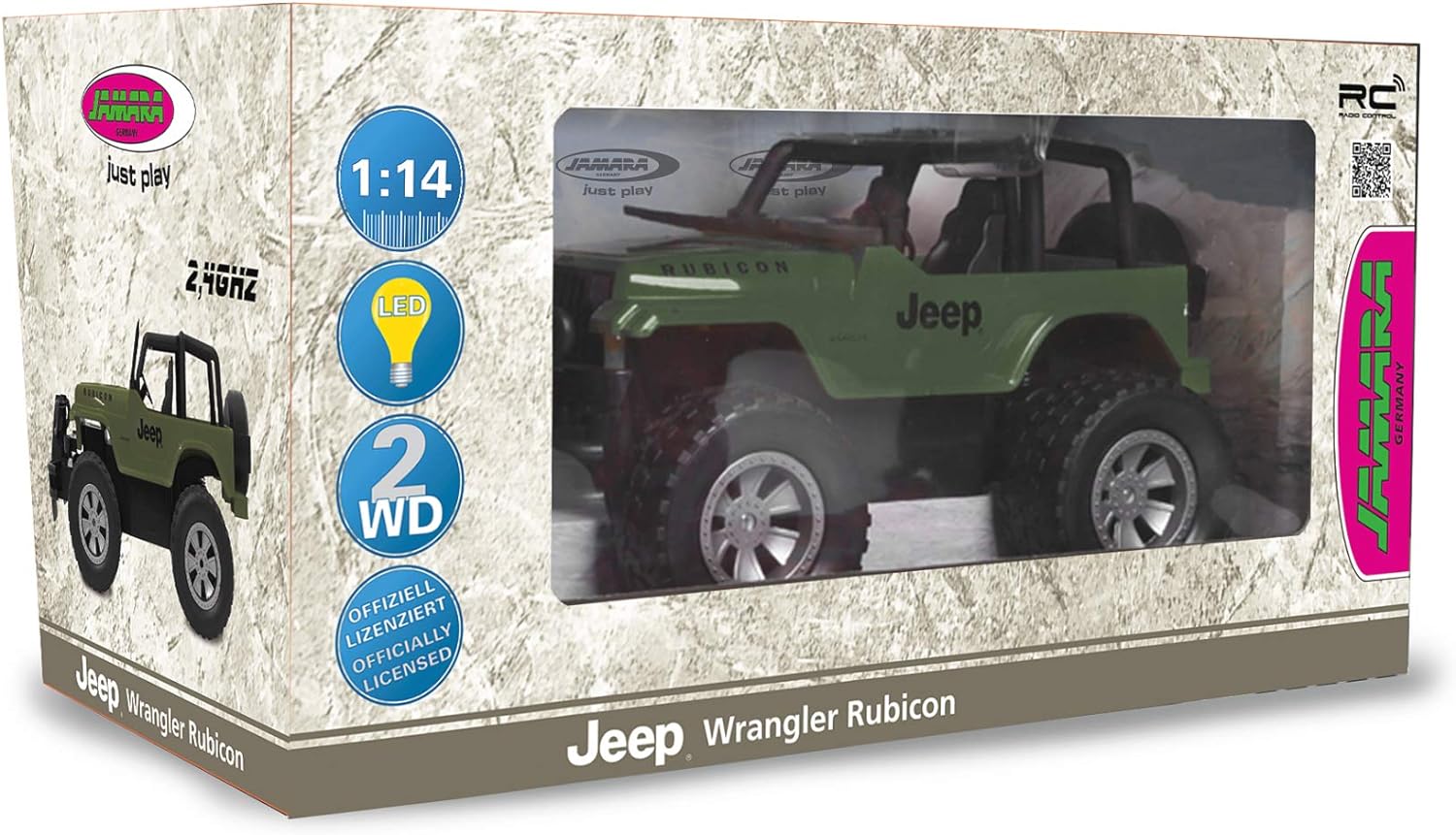 JAMARA 405054 Jeep Wrangler Rubicon 1:12 2.4 GHz-9 km/h, Light/Rear Grippy profiled Off-Road Tyres, Front Rail ensures a Bulky Appearance, Adjustable Track, Olive Green