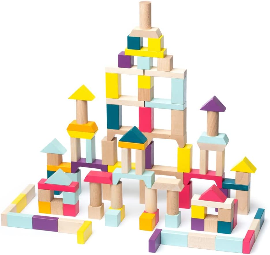 JAMARA 460702 Toy Kidiwood Wooden Building Blocks Mix 100 Pieces from 18 Months, Solid Wood-Mountain Maple and Beech, Water-Based Colours, Promotes Motor Skills and Sense of Touch, Multicoloured