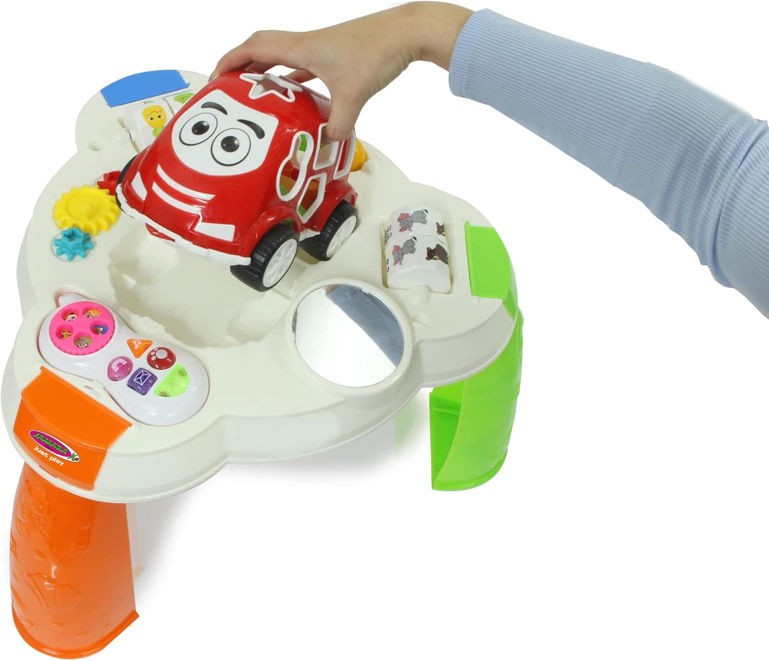 JAMARA 460951 Play Table Car and Mobile Phone-Promotes Fine and Gross Motor Skills Music, LED Light Effects, 10 Shapes in 5 Colours, Mirror, Smooth Running Plastic Wheels, 13 Pieces, White