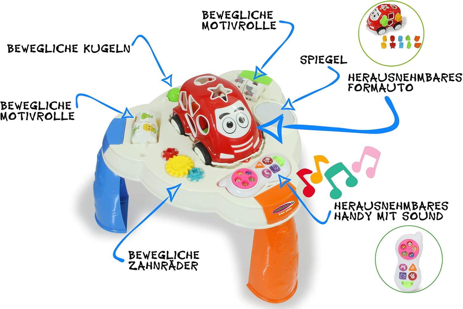 JAMARA 460951 Play Table Car and Mobile Phone-Promotes Fine and Gross Motor Skills Music, LED Light Effects, 10 Shapes in 5 Colours, Mirror, Smooth Running Plastic Wheels, 13 Pieces, White