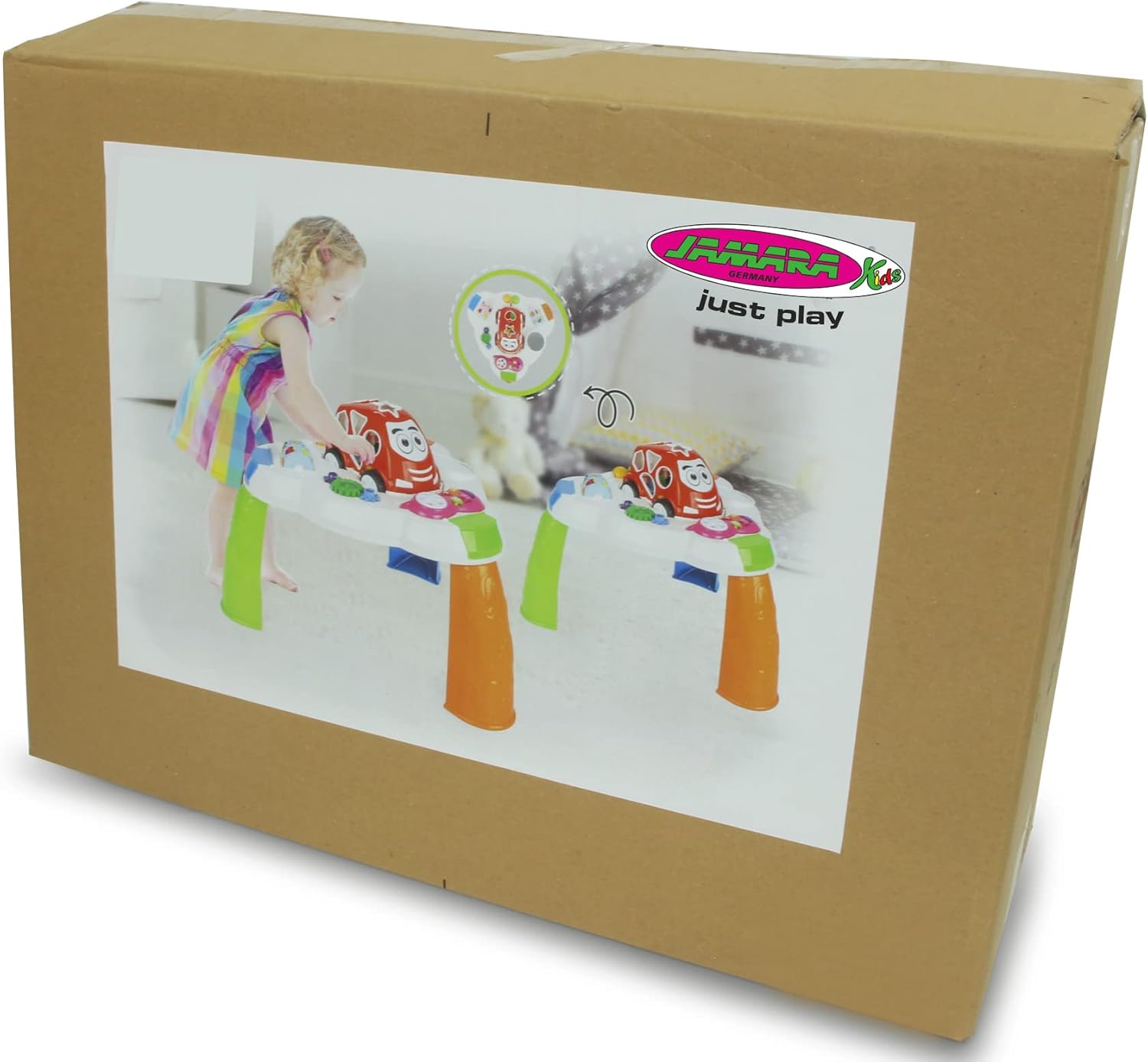 JAMARA 460951 Play Table Car and Mobile Phone-Promotes Fine and Gross Motor Skills Music, LED Light Effects, 10 Shapes in 5 Colours, Mirror, Smooth Running Plastic Wheels, 13 Pieces, White