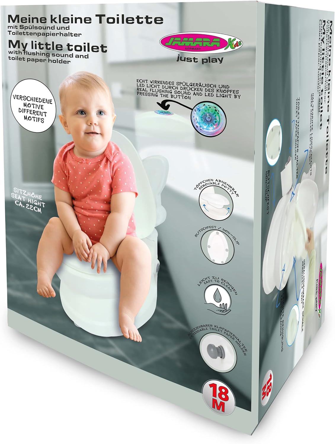 JAMARA 460960 Meine kleine Toilette Pinguin mit Spülsound und Toilettenpapierhalter-Töpfchen, leicht zu reinigen, abgerundete Kanten, Saugknöpfe für Guten Halt, Weiss