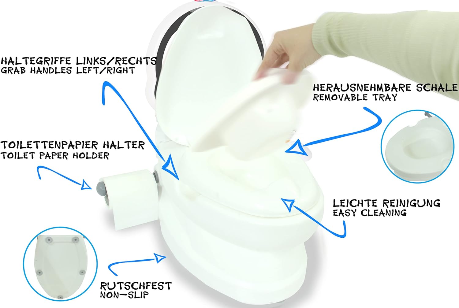 JAMARA 460960 Meine kleine Toilette Pinguin mit Spülsound und Toilettenpapierhalter-Töpfchen, leicht zu reinigen, abgerundete Kanten, Saugknöpfe für Guten Halt, Weiss