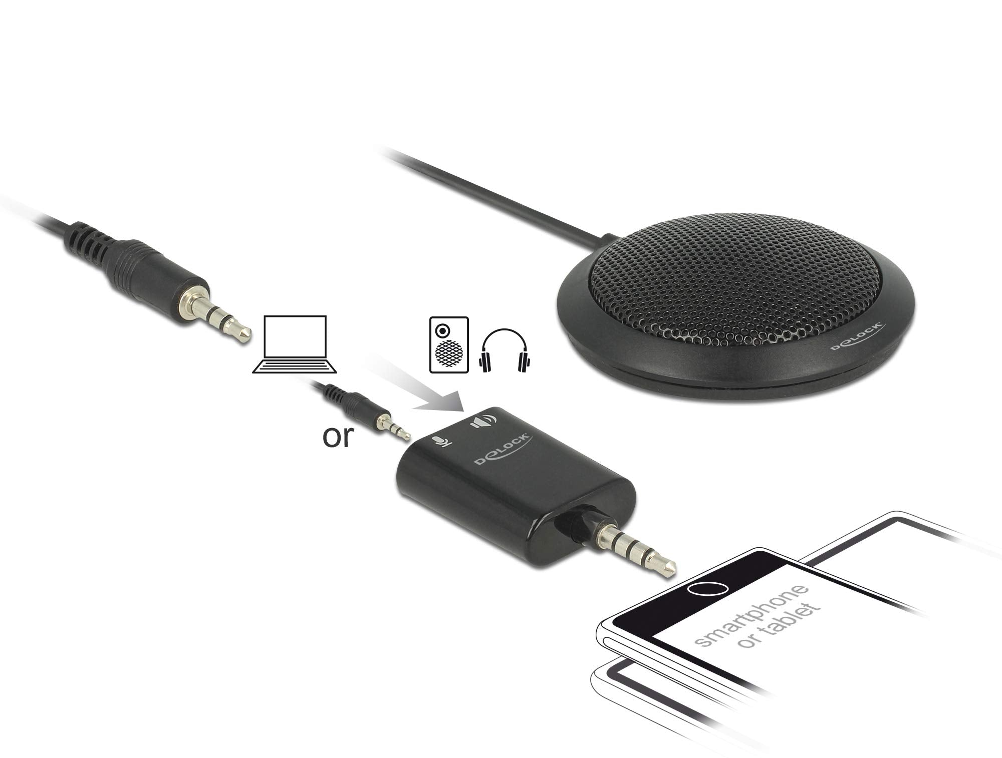 DeLOCK Condenser Table Microphone Omnidirectional for Conferencing, Skype, Meeting, Recording with 3.5 mm Jack Plug, Long Range 2.5 m Cable Length, 65873,Black