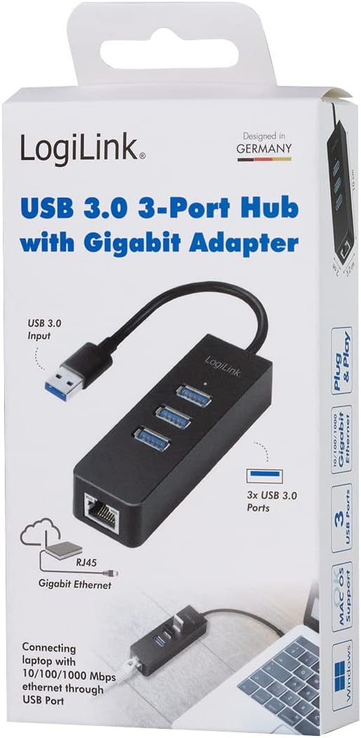 LogiLink USB 3.0 (Typ-A) zu Gigabit Netzwerk Adapter (RJ45) und 3x USB 3.0 (Typ-A) Hub Typ-A zu RJ45