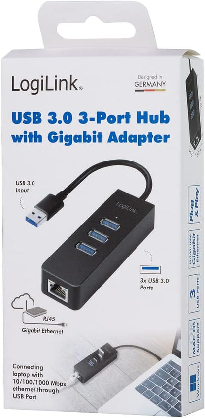 LogiLink USB 3.0 (Typ-A) zu Gigabit Netzwerk Adapter (RJ45) und 3x USB 3.0 (Typ-A) Hub Typ-A zu RJ45