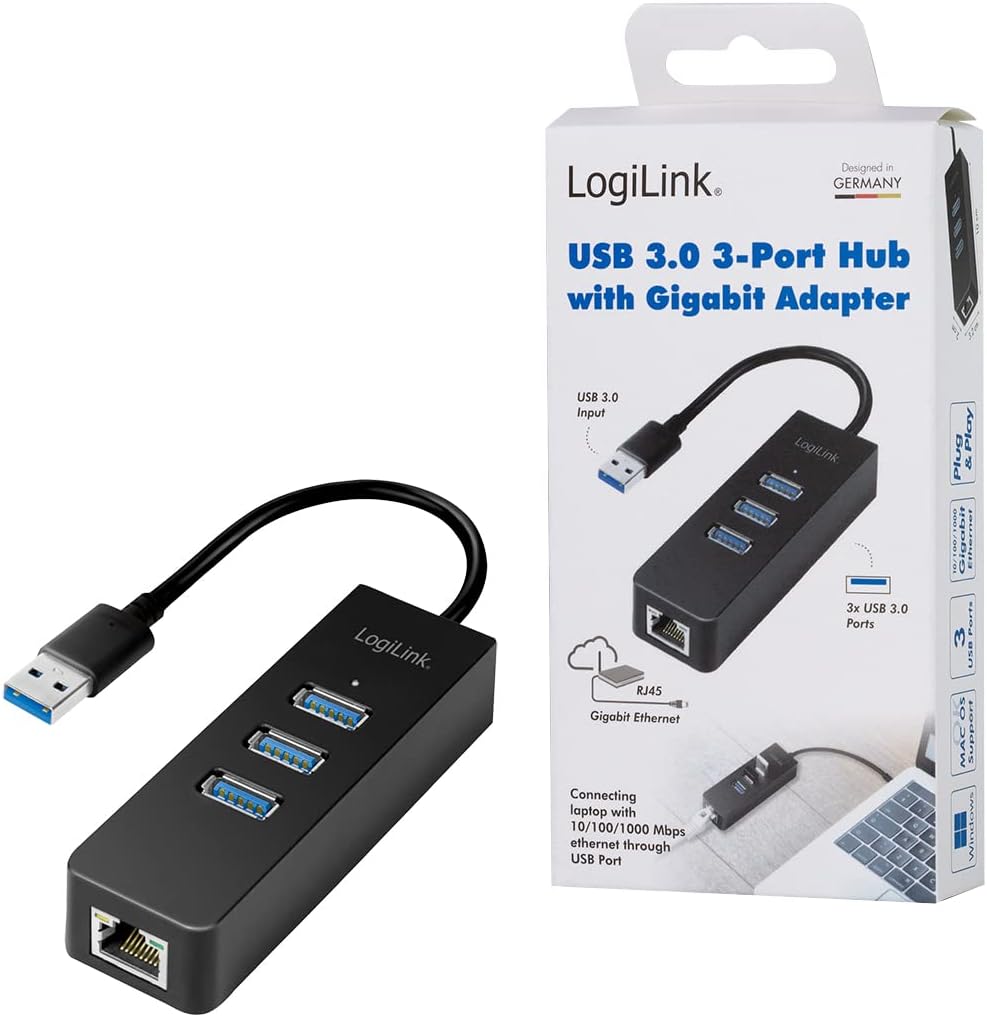 LogiLink USB 3.0 (Typ-A) zu Gigabit Netzwerk Adapter (RJ45) und 3x USB 3.0 (Typ-A) Hub Typ-A zu RJ45
