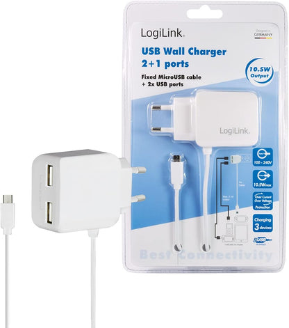 LogiLink PA0157W USB Steckdosenadapter mit Micro-USB-Kabel, 2x USB-Port, 10.5W Weiß