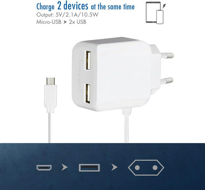 LogiLink PA0157W USB Steckdosenadapter mit Micro-USB-Kabel, 2x USB-Port, 10.5W Weiß