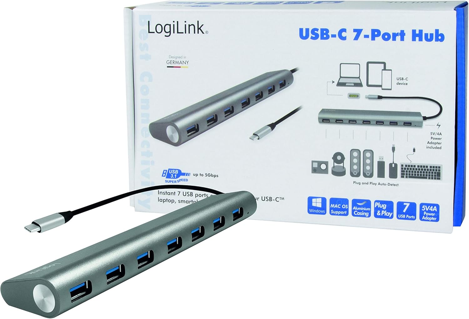 LogiLink USB Hub for PC/Laptop Aluminium Housing grey Silver 7-Port USB 3.1 7-Port