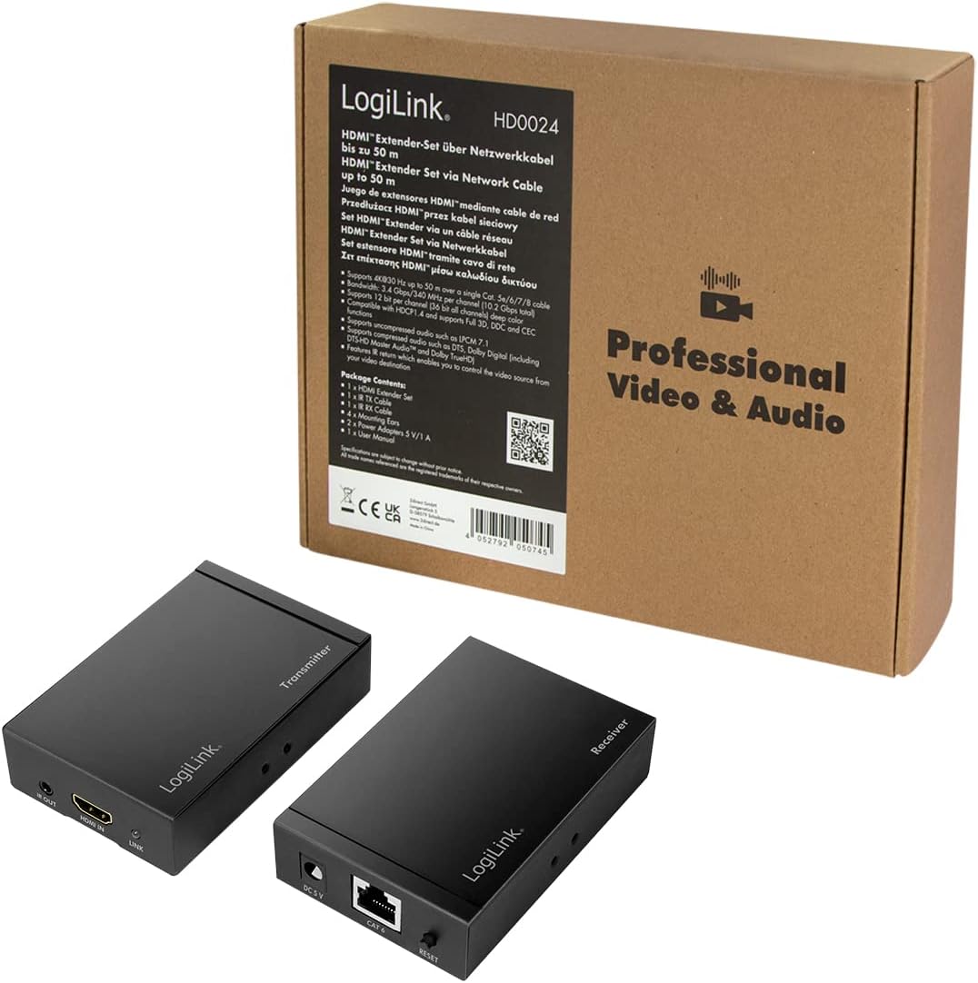 LogiLink HD0024 - HDMI Extender Set Ultra HD (via LAN), 50 m (4K/30Hz) to extend HDMI signals via network cable