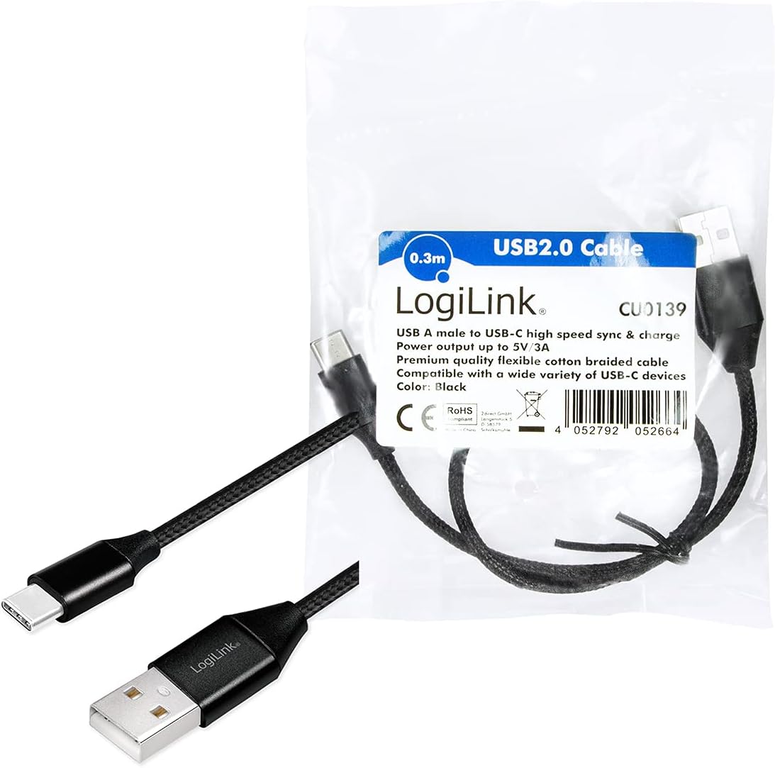 USB 2.0 Anschlusskabel, USB (Typ A) zu USB (Typ C) schwarz, 0,3m 0,3m USB-A/USB-C schwarz