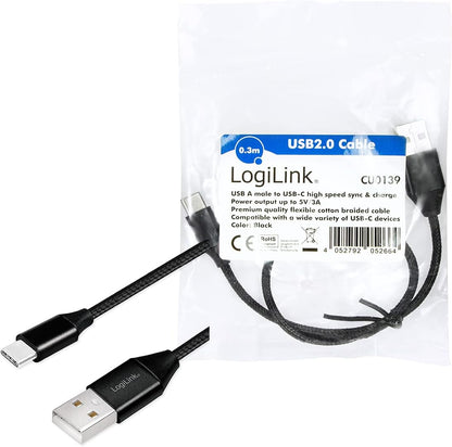 USB 2.0 Anschlusskabel, USB (Typ A) zu USB (Typ C) schwarz, 0,3m 0,3m USB-A/USB-C schwarz
