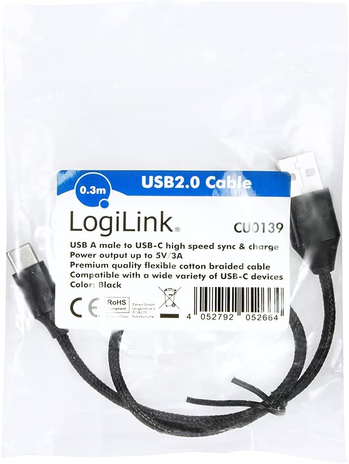 USB 2.0 Anschlusskabel, USB (Typ A) zu USB (Typ C) schwarz, 0,3m 0,3m USB-A/USB-C schwarz