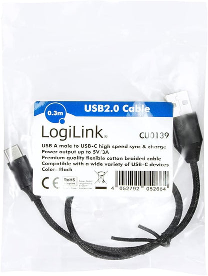 USB 2.0 Anschlusskabel, USB (Typ A) zu USB (Typ C) schwarz, 0,3m 0,3m USB-A/USB-C schwarz