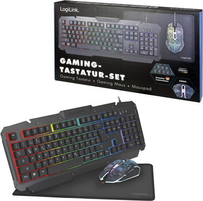 LogiLink ID0185 - Gaming Set: Mouse (800-2400dpi - Illuminated) & Keyboard with Stunning Metal Surface + Rainbow LED Backlight & Gaming Mouse Mat (35 x 25 cm)