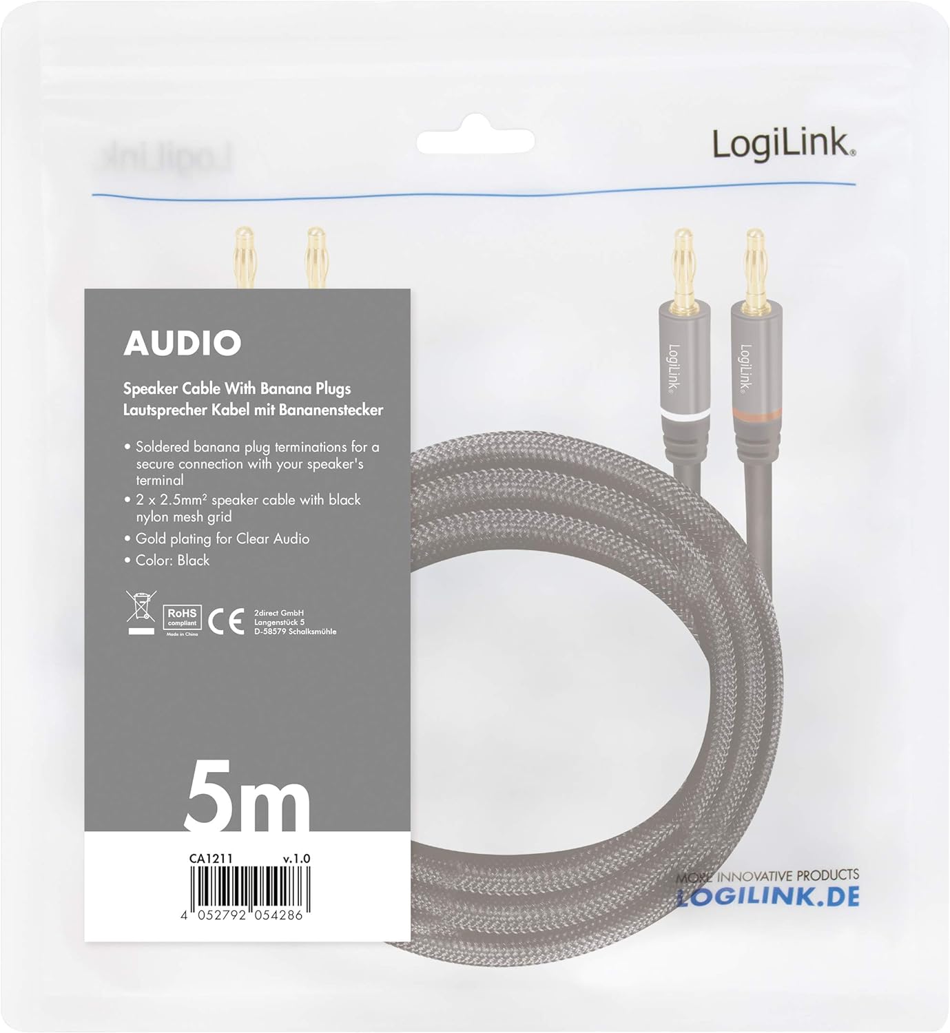 `LogiLink Lautsprecherkabel, 2x2.50 mm2 + Bananenst`