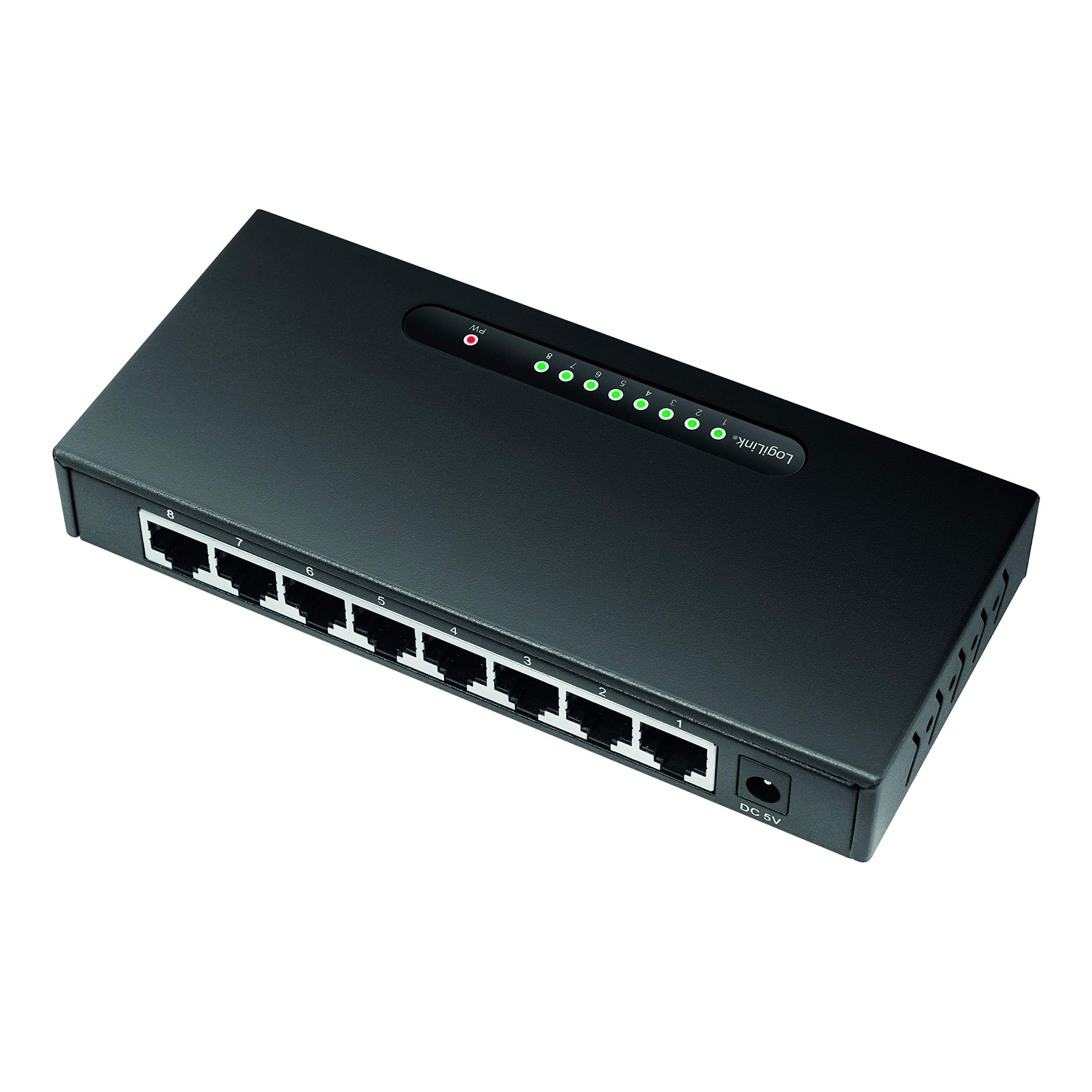 LogiLink NS0111 - Gigabit Ethernet LAN Desktop Netzwerk Switch im Metallgehäuse, QoS, Schaltfeld 10Gbit/s, 8-Port,Schwarz