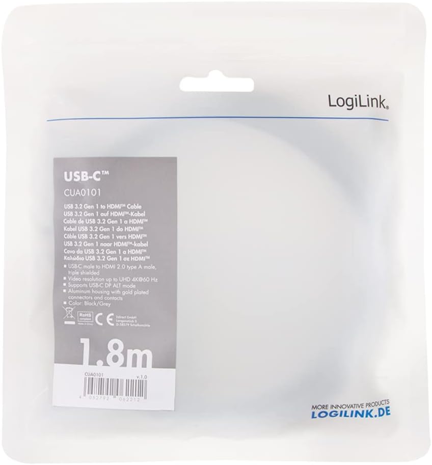 LogiLink CUA0101 - USB 3.2 Gen 1-HDMI Connection Cable 4K/60 Hz, Aluminium, Black/Grey, 1.8 m