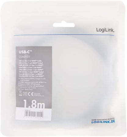 LogiLink CUA0101 - USB 3.2 Gen 1-HDMI Connection Cable 4K/60 Hz, Aluminium, Black/Grey, 1.8 m
