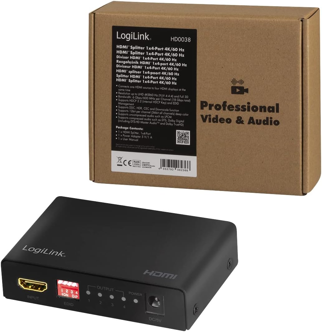 `LogiLink HDMI-Splitter 1x4-Port, 4K/60Hz, Downscal`