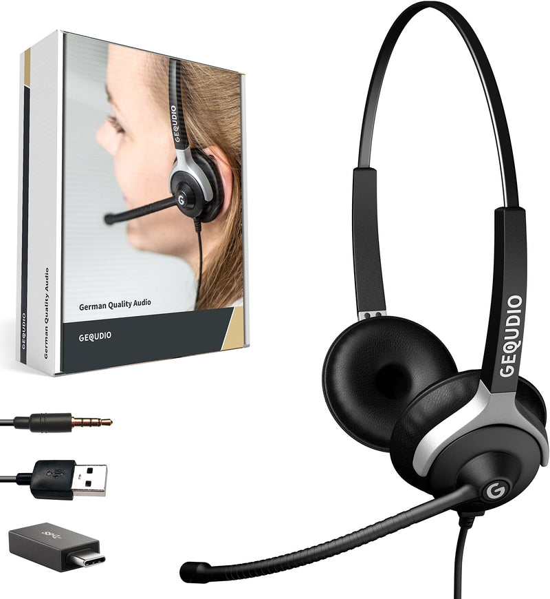 GEQUDIO [3-in-1 Business Headset with USB-A, USB-C and 3.5 mm Jack Compatible with PC, Mac and Smartphone - Headphones & Microphone Replacement Pad - Especially Light 80 g (2-Ear) 2-Ohr Headset mit USB-A, USB-C und 3,5mm
