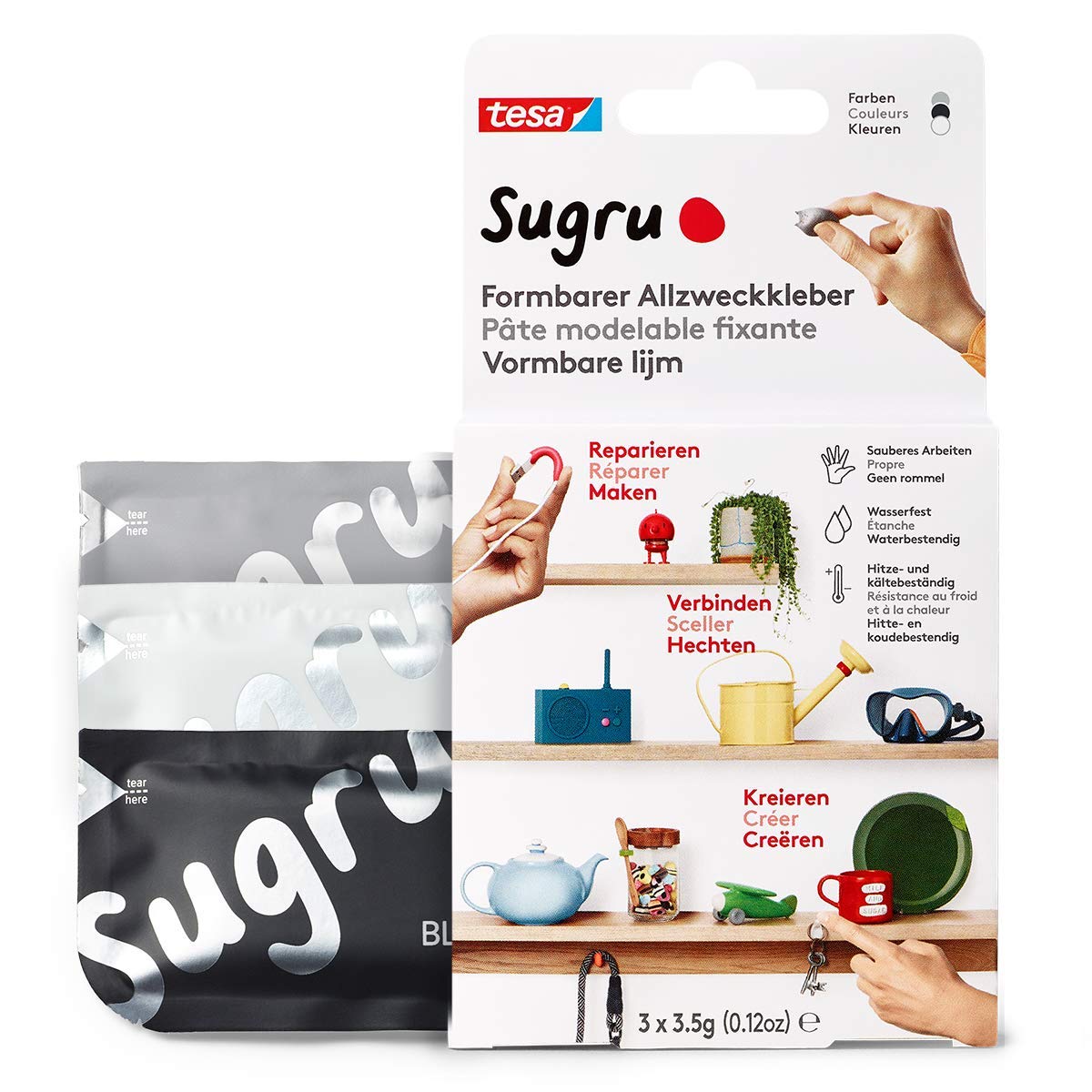 tesa Sugru formbarer Allzweckkleber 3er Schwarz/We