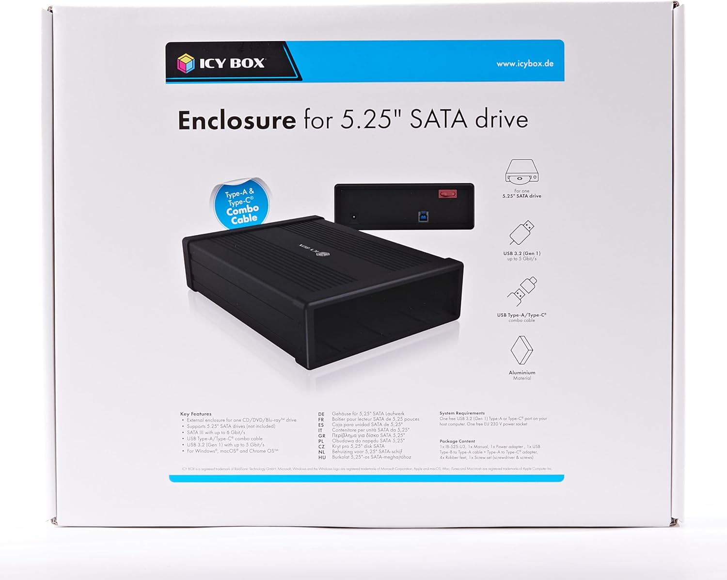 ICY BOX 5.25 Inch Aluminium External Enclosure USB 3.0 for SATA Drives, Black (IB-525-U3), Supports Hard Drive Racks, DVD Burner, Laptop & PC, Connectivity Technology: USB, Color: Black