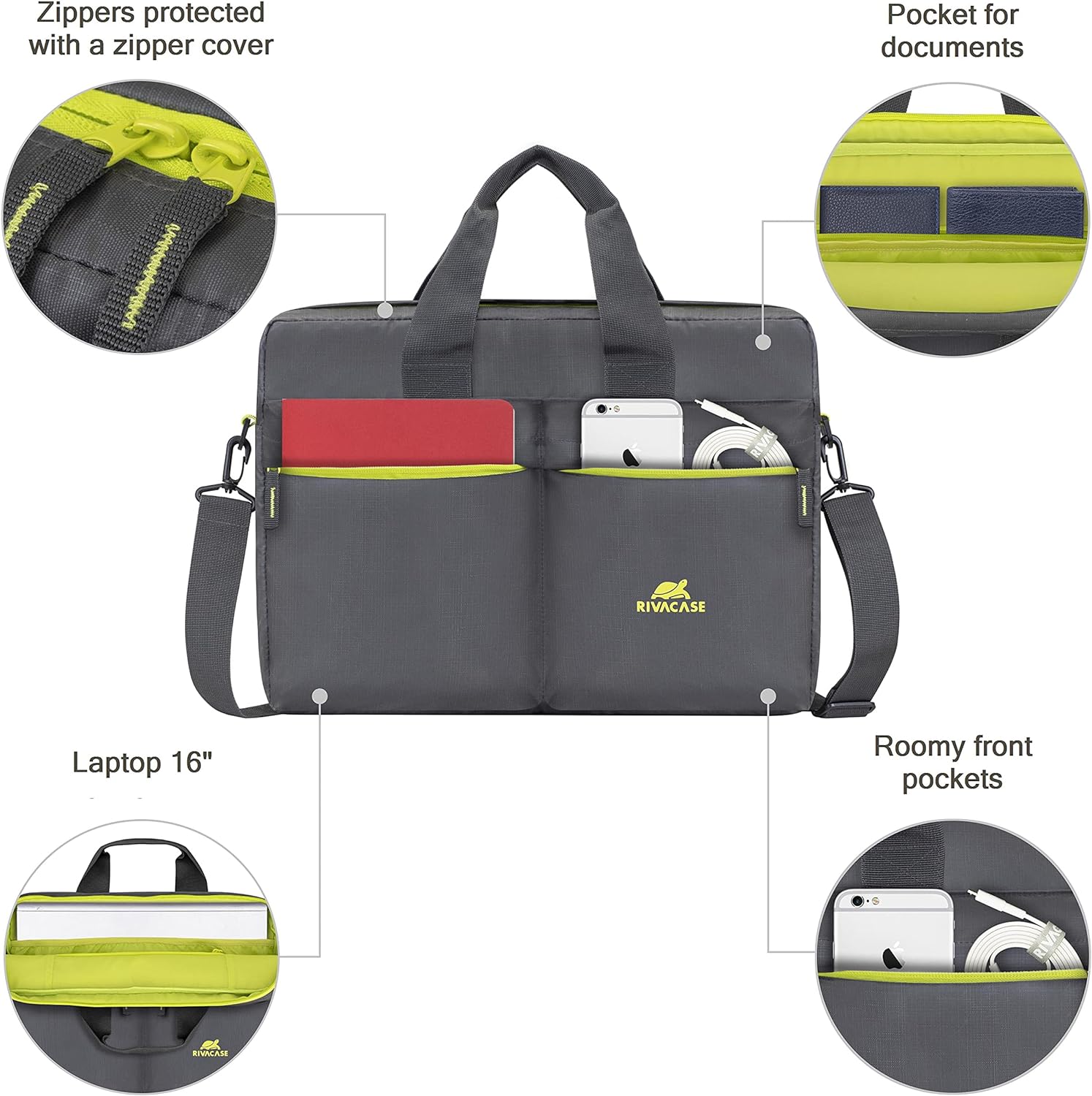 RIVACASELaptop Bag 15.6 Inch - Waterproof Laptop Case Sleeve with Adjustable Shoulder Starp - 15.6 Inch Laptop Bag for Women and Men - Laptop Carry Case Compatible with Macbook Pro and Other Laptops Grey