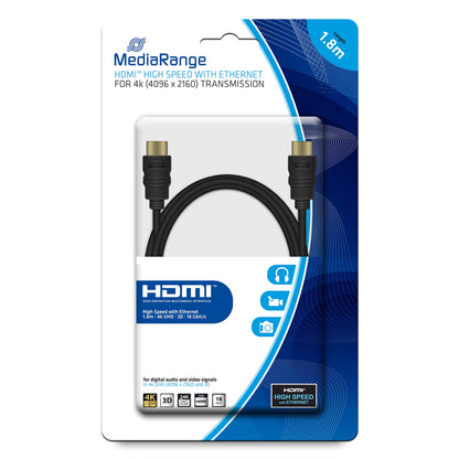 MediaRange HDMITM High Speed Connection Cable with Ethernet, Gold-Plated Contacts, 18 Gbit/s Data Transfer Rate, 1.8 m, Black