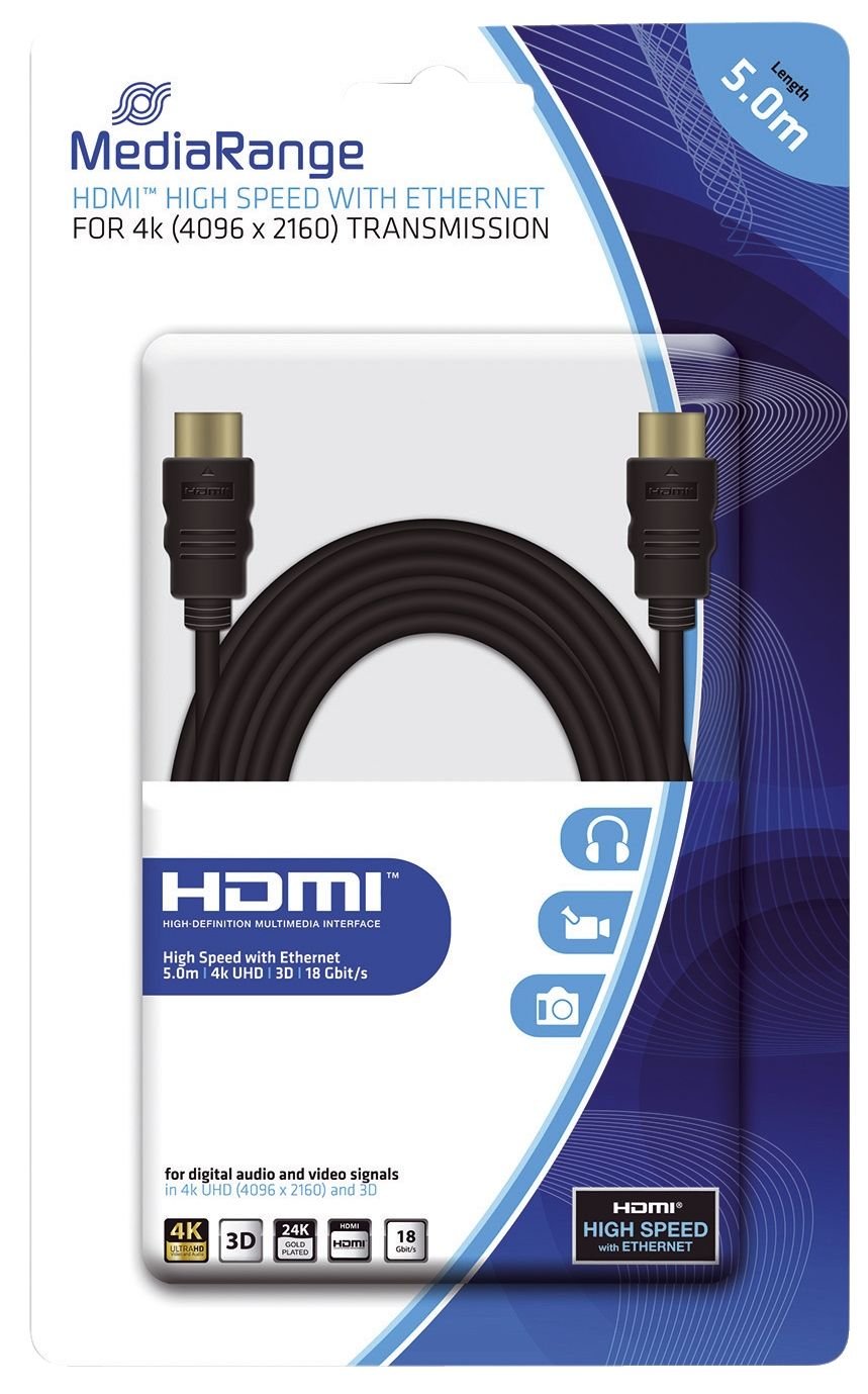 MediaRange HDMI High Speed Connection Cable with Ethernet, Gold-Plated Contacts, 18 Gbit/s Data Transfer Rate, 5.0 m, Black
