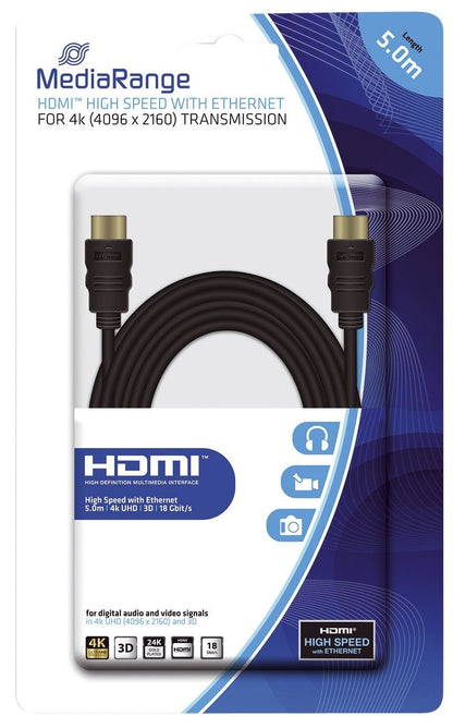 MediaRange HDMI High Speed Connection Cable with Ethernet, Gold-Plated Contacts, 18 Gbit/s Data Transfer Rate, 5.0 m, Black