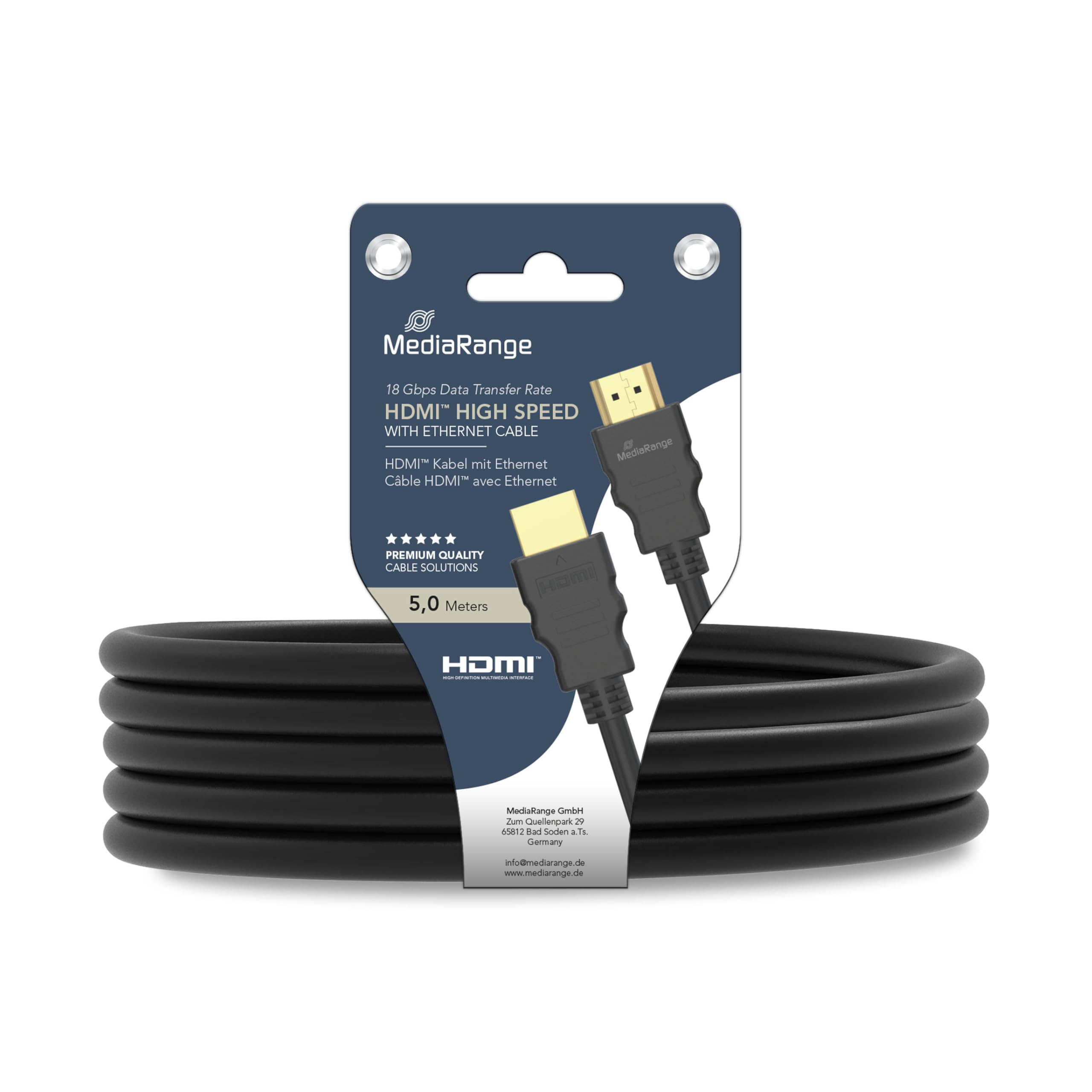MediaRange HDMI High Speed Connection Cable with Ethernet, Gold-Plated Contacts, 18 Gbit/s Data Transfer Rate, 5.0 m, Black