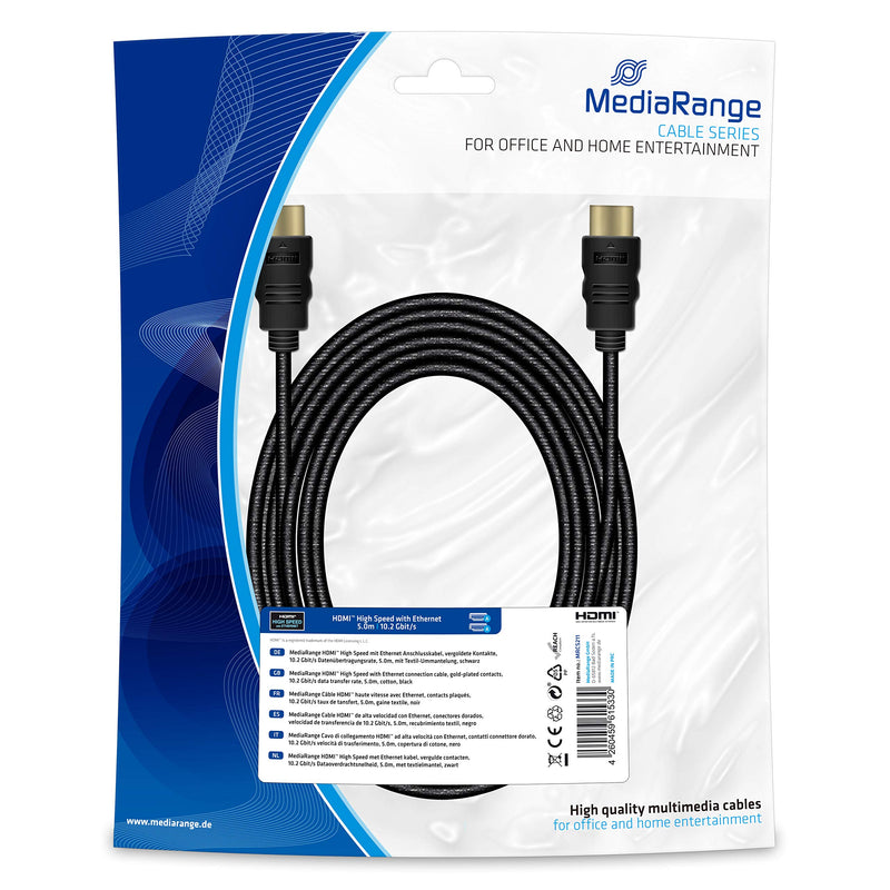 MediaRange HDMITM High Speed with Ethernet Connection Cable Gold-Plated Contacts 10.2 Gbit/s Data Transfer Rate 5.0 m with Textile Sheath Black