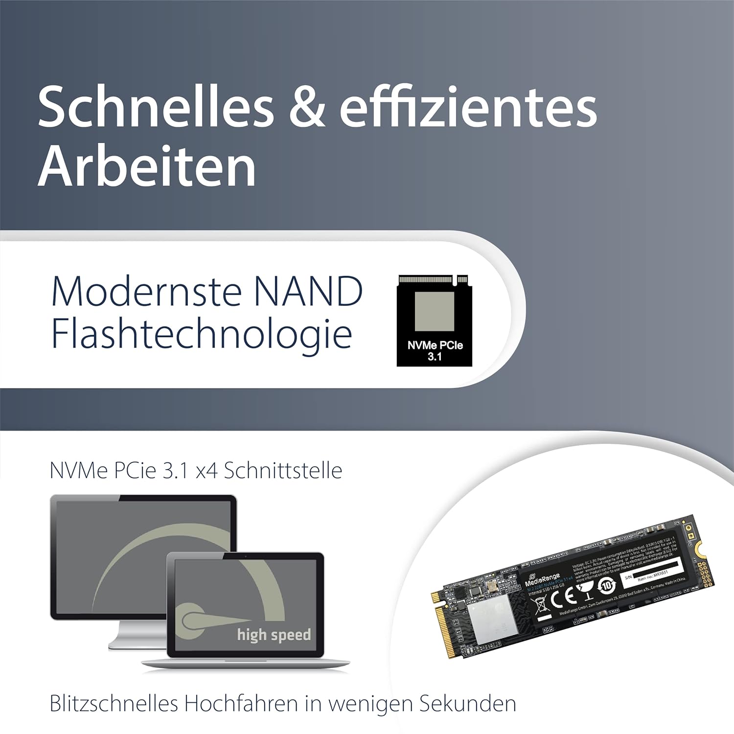 MediaRange Internal SSD hard drive 256 GB - solid state with M.2 interface NVMe PCie 3.1 x4 and 3D NAND technology, ideal as an internal SSD drive for upgrading computers and notebooks 128 GB NVMe