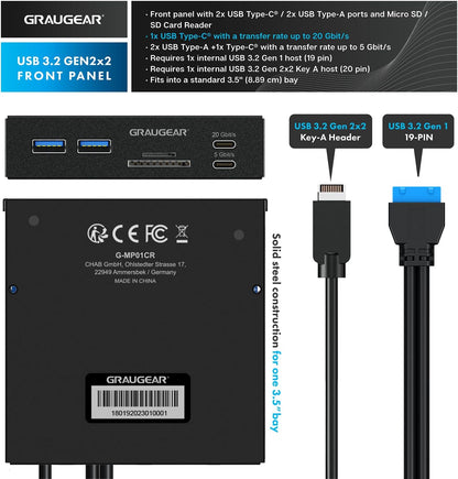 Graugear | 6 interfaces front panel in 3.5 inches | USB3.2 Gen2 2x2 Type-C up to 20 Gbit/s | 2x USB-A + USB-C | SD+microSD card reader | Key-A 20-pin & 19-pin header | Metal | G-MP01 CR